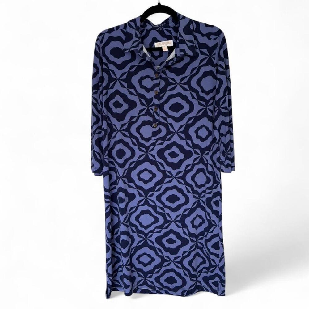Tori Richard flowy navy blue and purple patterned midi dress 3/4 sleeves Size L